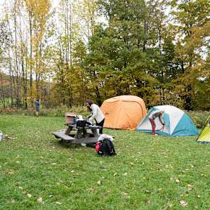 Camp site area with table and fire pit