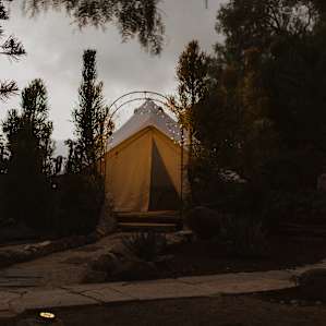 Twilight at the site, super cozy with lights and a fire to end the night