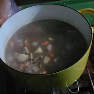 Camp made beef stew tasted awesome and warmed our bones one rainy evening
