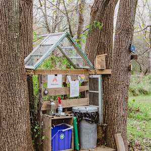 This recycle station near the communal fire pit includes extra lighters, garbage, firewood, grill and how-to tips for camping without leaving a trace.