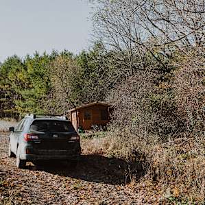 Visitors access the cabin from a field off the main road. The cabin is tucked away next to the open field and beside a lovely forest to explore.