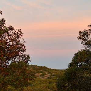 Looking west from the campsite onto rolling hills during sunrise.