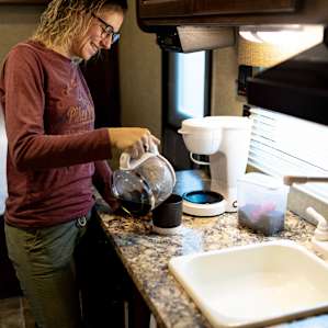 The RV has a coffee maker and coffee ready for your use!