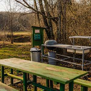 Detailed shot of camp near the river, with a great kitchen area.