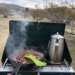 Amazing view cooking Carne Asada for breakfast, while heating up water in our kettle on the electric stove for morning coffee.