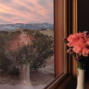 Sunrise from the table with sweet flowers Harvey put out.