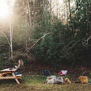 The camp, with provided picnic table and fire ring.
