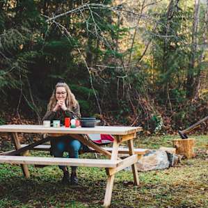 The picnic table is brand new, clean, and sturdy.