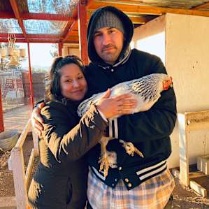 My son and girlfriend loving on the amazing chickens! And BTW I bought a dozen eggs, we cooked them for breakfast. SO GOOD!