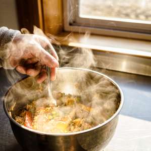 dinner is ready in the kitchen! so great to be able to cook a hot meal after a long day.