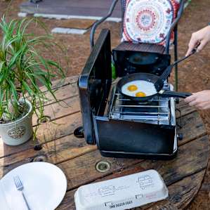 Cooking our farm fresh eggs in the morning!