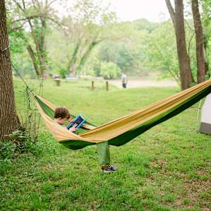 Our little one's "calm spot" - no caterpillars! If you're a hammock camper, you may not have a huge spring caterpillar presence in your sleeping area like we did.