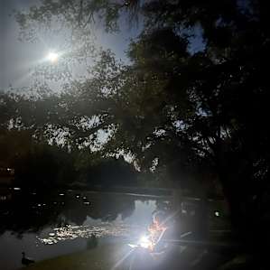 Peaceful evening, reading a book at night on a bench by the lake