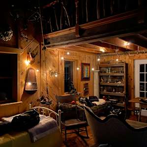 Cabin, we brought twinkle lights and hung them up for some lighting