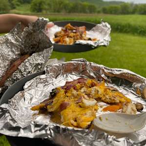 Bacon, sweet potato, and eggs from the chicken coop