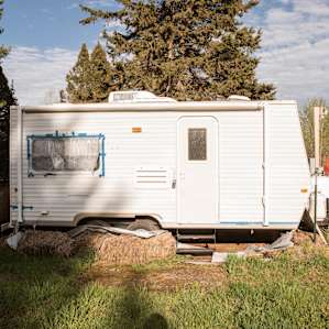 Here is the RV that you have access to when you use this property. Thankful to have bathroom/shower access.