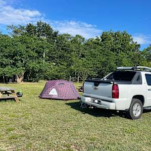 There is a lot of space to pitch a tent. I put mine where my truck could block some moderately high winds, otherwise I would have spread out more. Lots of space.