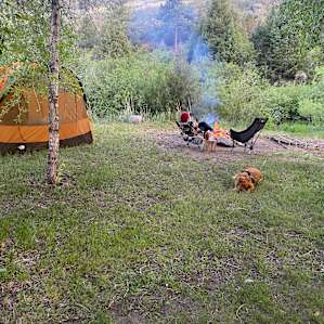 Campfire and tent setup