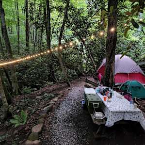 Picnic table and tent pad area. Brian has a string of USB lights set up that you can plug into a USB port.