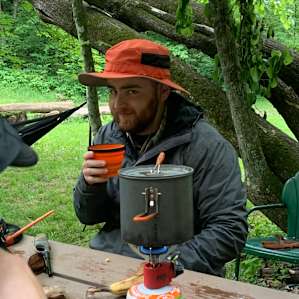 It was a rainy day, but we stayed dry under the large tree in front of Rock Bottom Cabin.