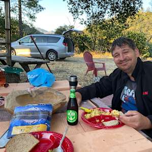 Enjoying our dehydrated dinner and a cold beer!