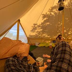 Inside the tent, don’t mind the mess we were packing up!