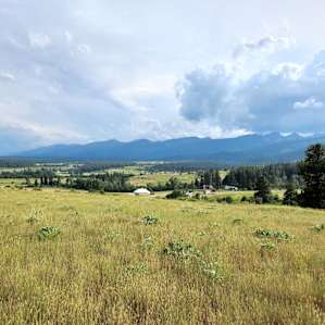 A view of the ranch from the top of the orchard hill. The white event tent is next to the Stargazer RV Pad site.