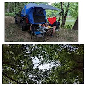 Tent camping in our midsize truck along the river. The view of the canopy above us.