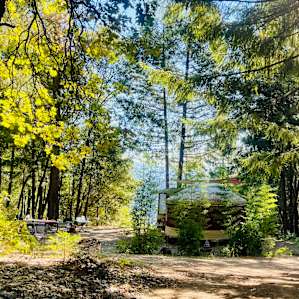 Looking at yurt from the Back. That is the campsite area and there is also a hammock.