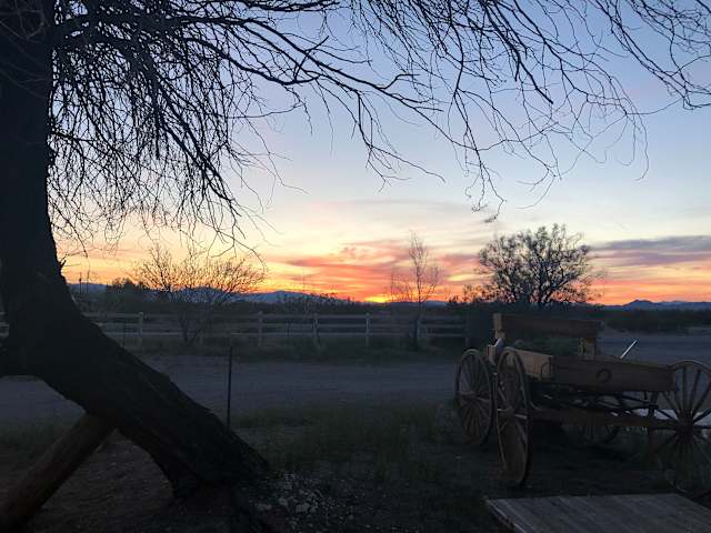 Silhouetted bare tree branches frame a vintage wagon under a fiery desert sunset with distant fence line