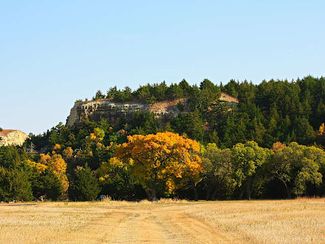Dirt track leads through gold and green trees toward a limestone bluff under blue sky