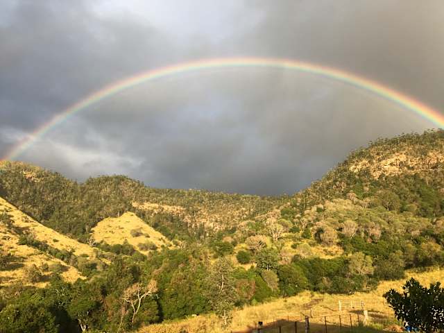 Full rainbow arching over green forested valley beneath stormy sky