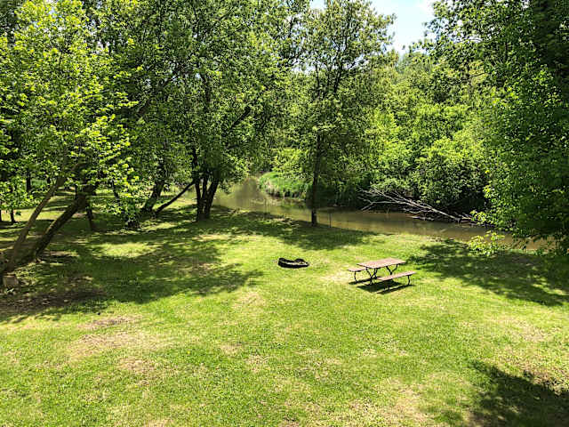 Grassy riverside campsite with picnic table and fire ring under shady trees
