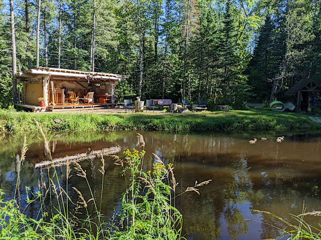 Rustic cabin porch overlooking a still forest pond with ducks swimming, sunny day