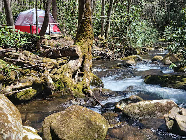 Red and grey tent on wooden platform beside a rocky mountain stream in forest