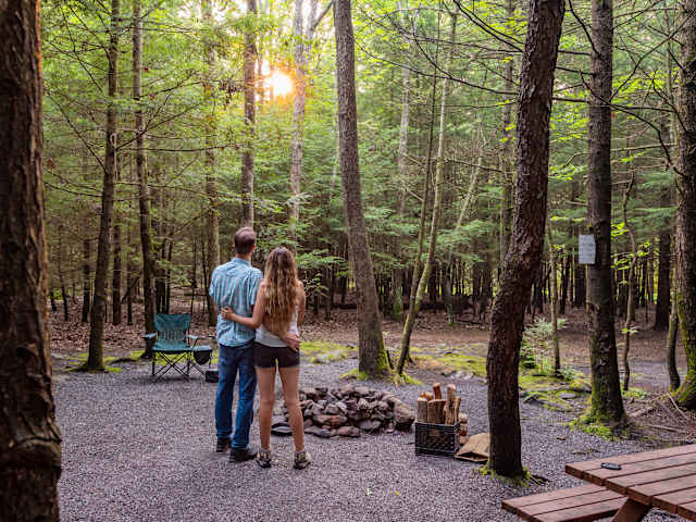 Couple standing at campsite watching sunlight through forest trees at dusk
