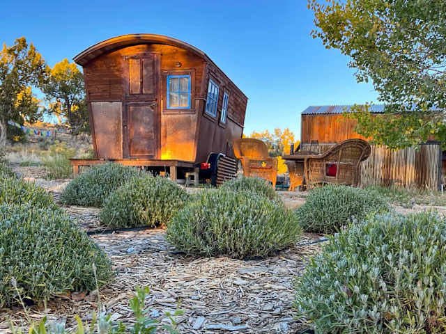 Wooden vintage wagon cabin glowing at dusk beside rows of lavender bushes