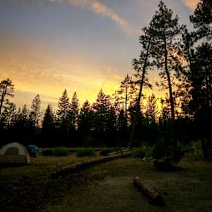 Sun setting behind the trees, a view from our campsite #40.