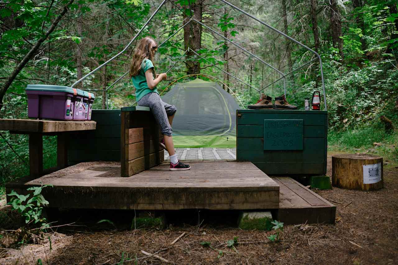 There is definitely enough space to set up the tent off of the platform, but we thought, "why not?". 