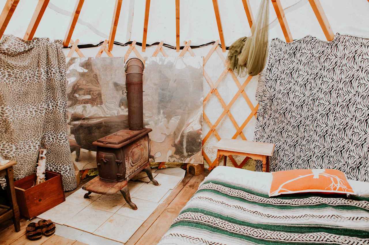 Inside the cozy yurt.