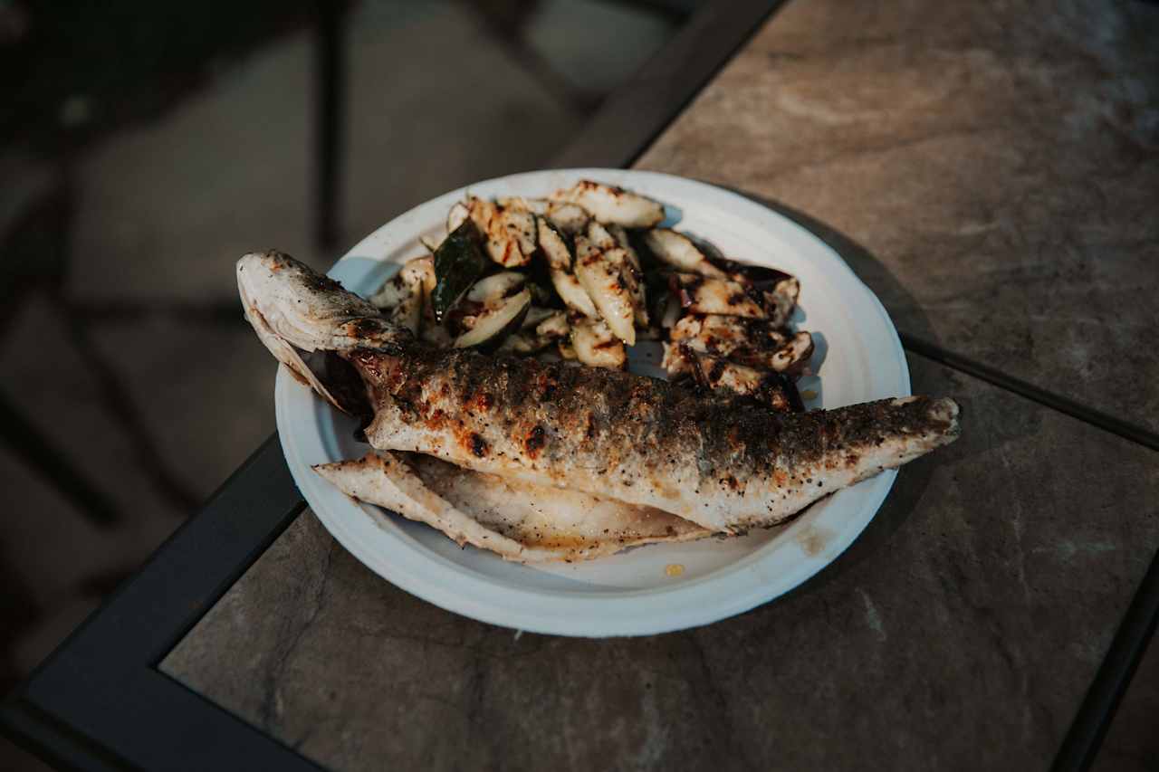 Grilled branzino with zucchini and Chinese eggplant