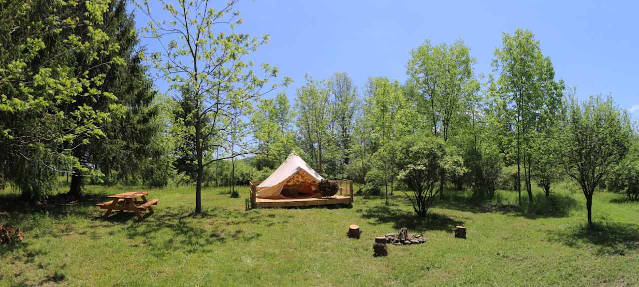 A secluded site, with a new platform that keeps the tent level and dry.   Just steps from the pond. 