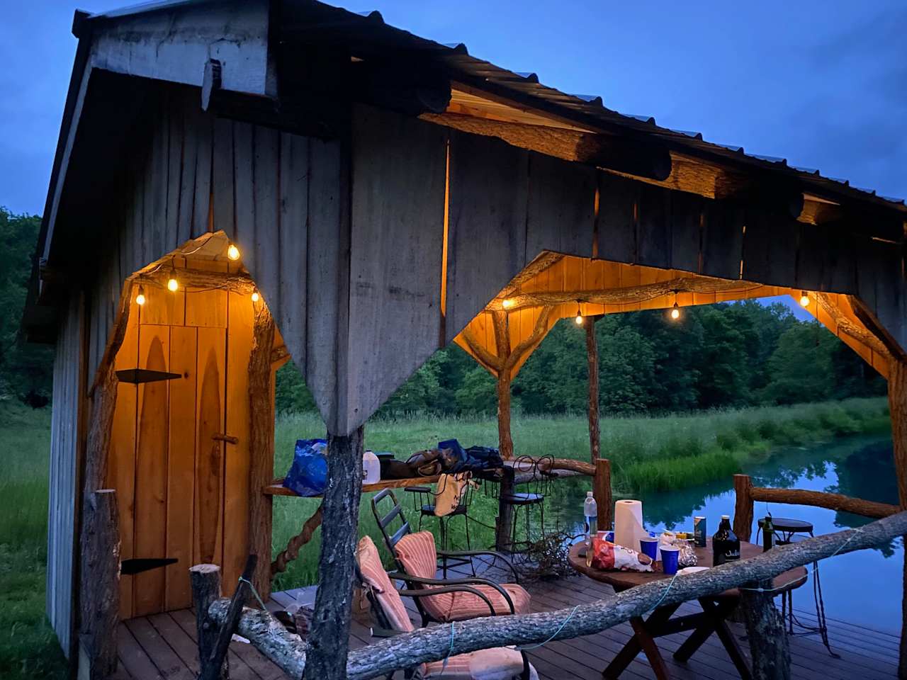 The pavilion has a strand of solar powered string lights to light up the evening (pardon our mess).