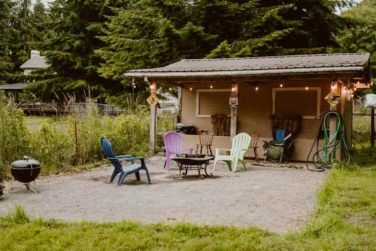 View of the firepit and patio area