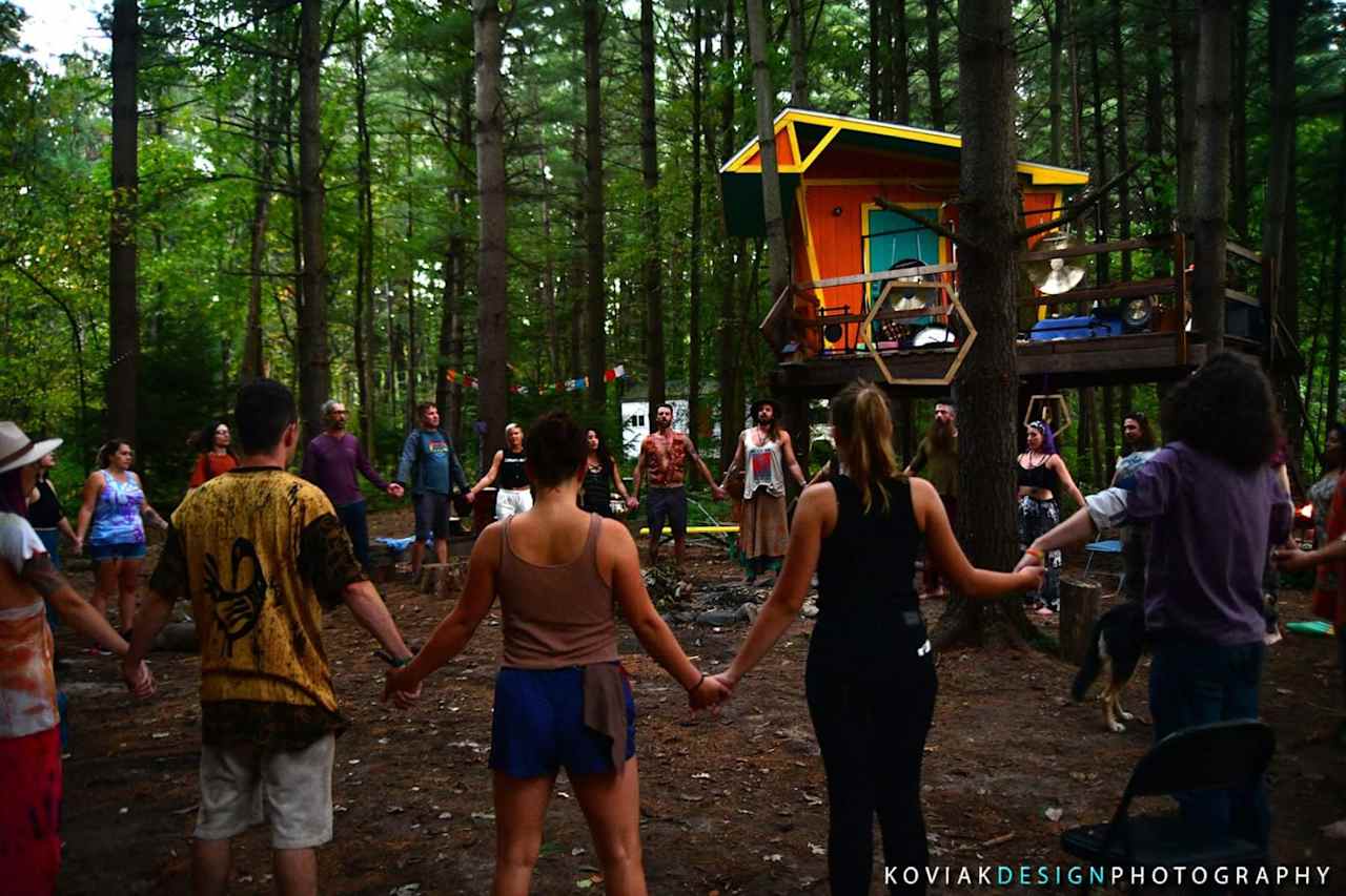 Our treehouse and fire pits where we enjoy having drum circles and other community gatherings. The tree house will soon be available for rent