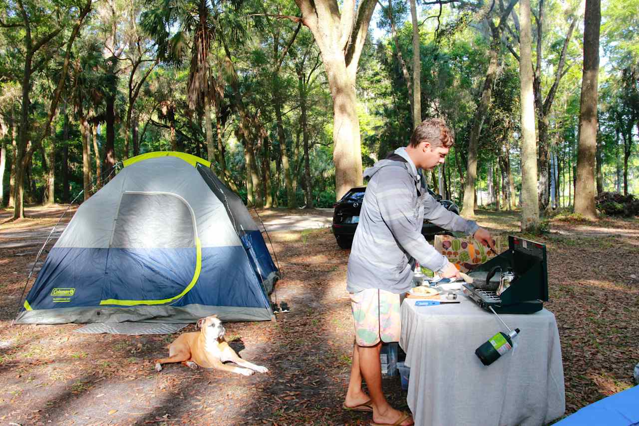 Cooking breakfast on site.