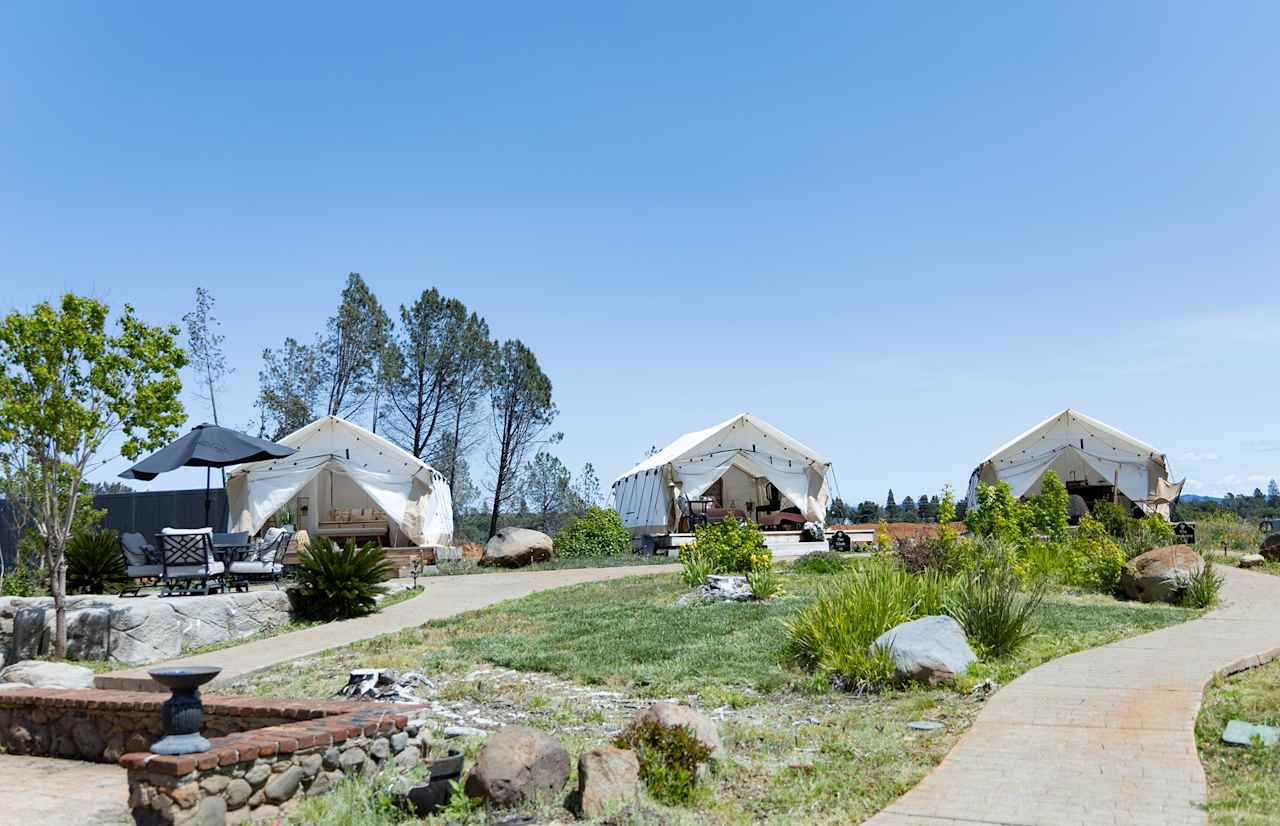 From left to right: Paradise Arts tent, Glam tent, and Speakeasy tent