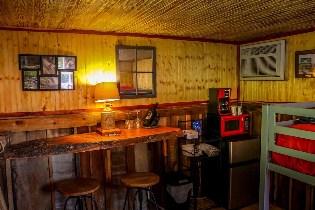 The bar area, great spot to sit, eat, drink some beer, wine, water or whatever. Plus they have a fridge!