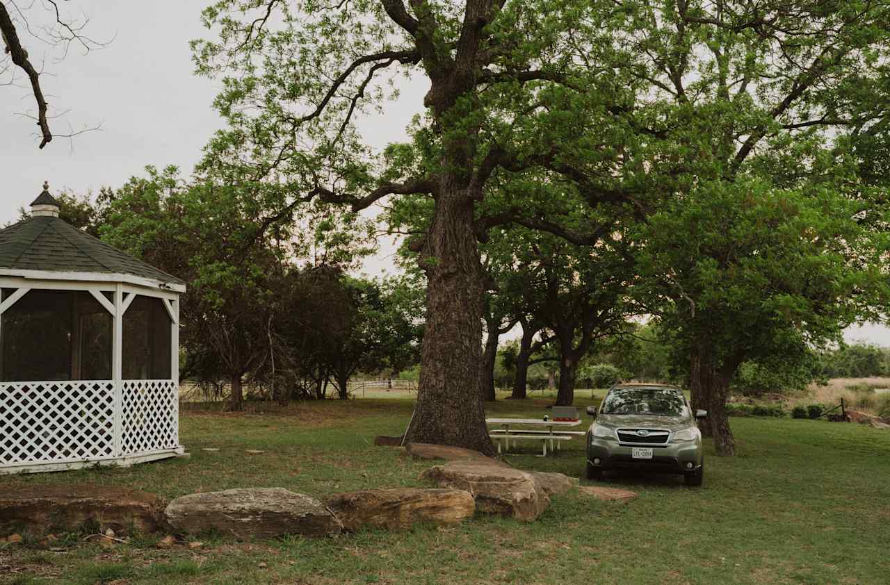 Space for cars or tents around the gazebo. 