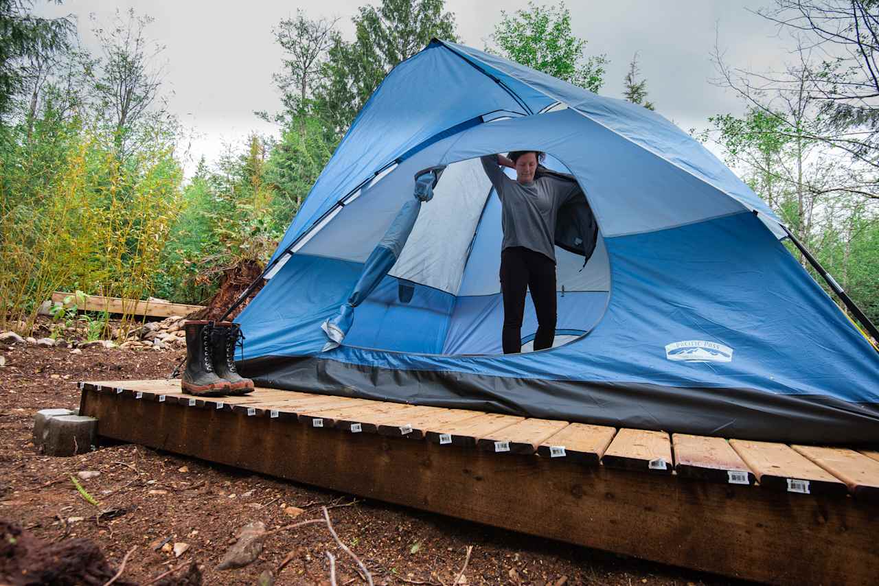 I think this is the tallest tent I've ever been in. Most people can stand up and get dressed - model in the photo is 5"7 for reference.
